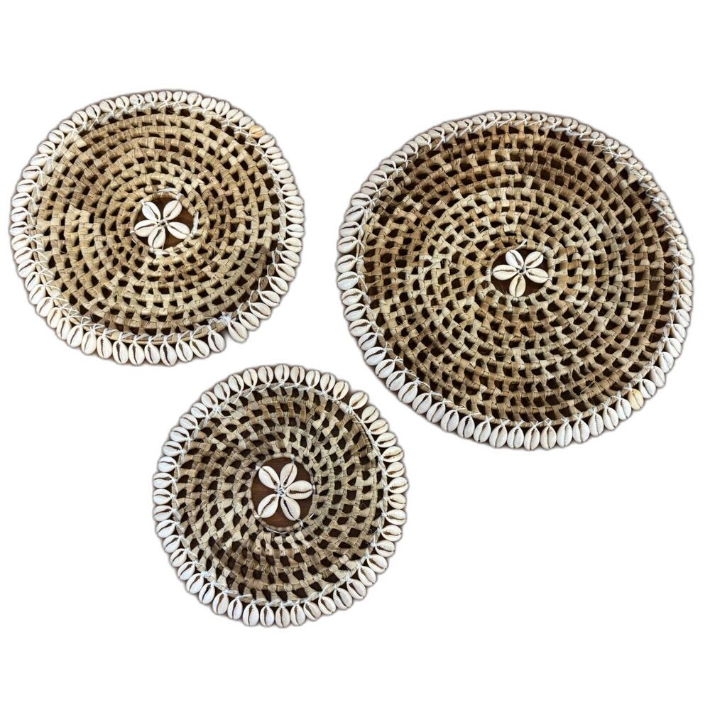 Set of 3 Woven Palm And Cowrie Shell Mats  Bohemian Beach Tiki Bar Tropical